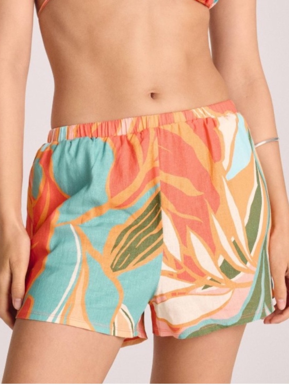 Vitamin A Tropical Leaf Print High-Waist Shorts in Coral, Teal & Cream XL
